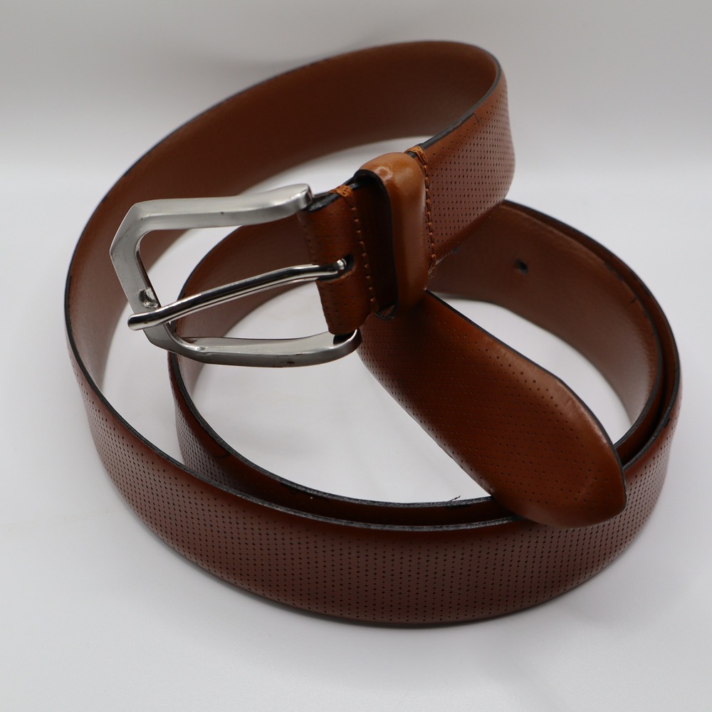 Johnston & Murphy Belt Mens 44 Brown Perforated Leather Made in Italy 75-7475